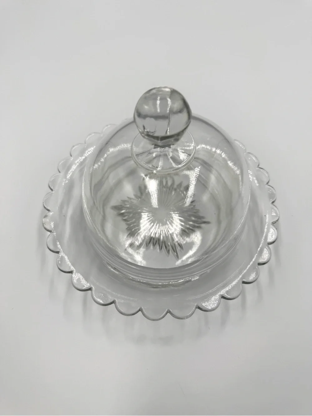 Vintage Clear Glass Butter Dish with Dome Lid Scalloped Edge